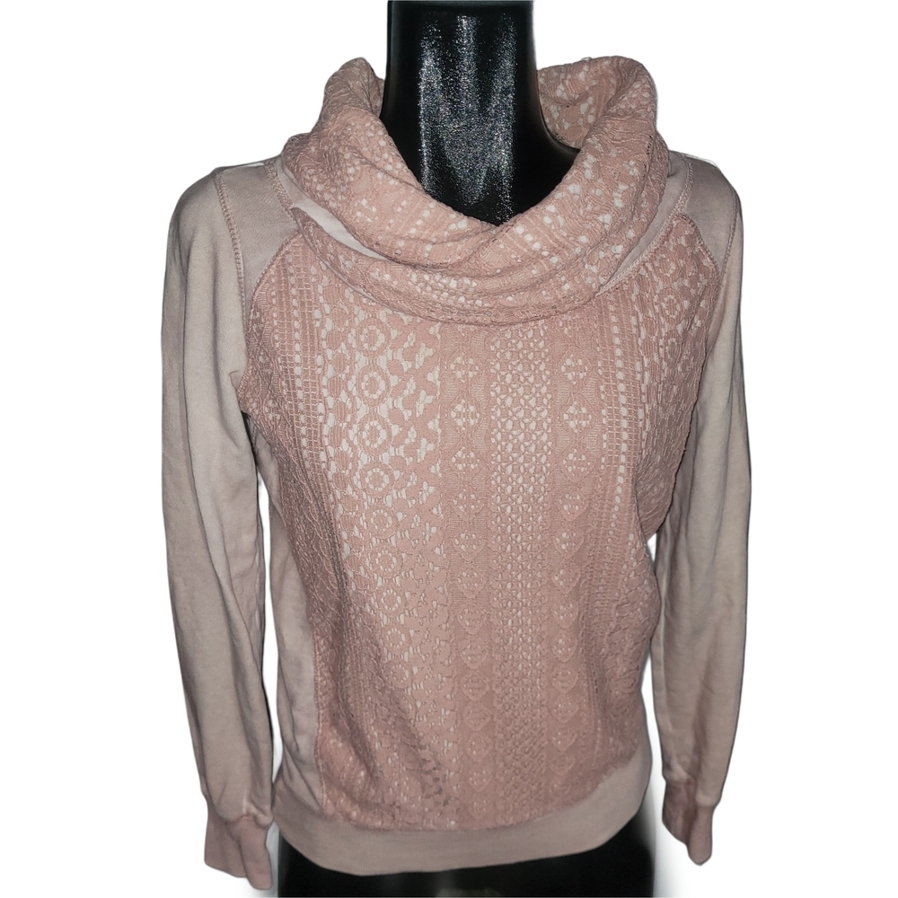 Garcia Jeans Blush Pink Draped Cowl Neck Lace Overlay Sweatshirt Size XS